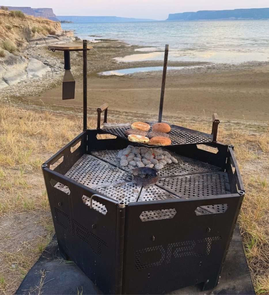 Briquettes-charcoal-cooking-camping-fire-off-ground-burn-mat-hamburgers