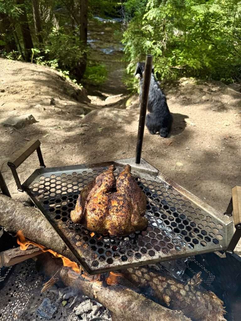 Cooking-Chicken-over-fire-campfire-camping-road-grill-spatchcock